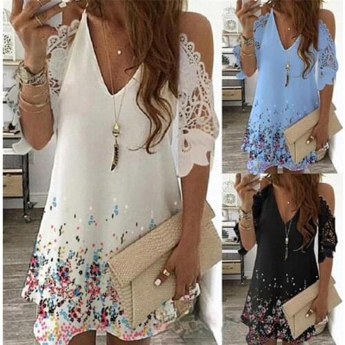 Summer Half Sleeve Printed Womens Dress Casual Off Shoulder Sexy Deep V-neck Lace Casual Party Dress