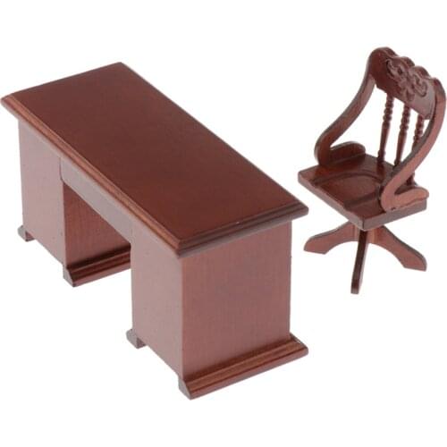 Miniature Dollhouse Computer Desk Chair Set for 1/12 Scale Dolls House Study Office Furnishings and Decorations Kit, Brown