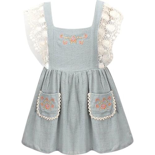 New Kid Summer Girl Sleeveless Dress With Lace Decoration Embroidery Pocket Clothing Cotton And Linen European And American