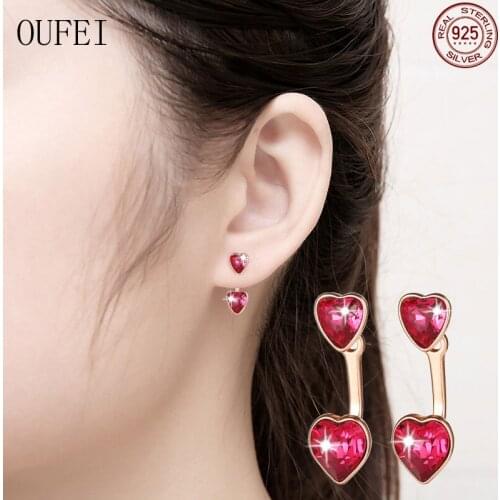 OUFEI Heart Earrings For Women Zircon 925 Silver Earrings Rose Red 925 Sterling Silver Earrings Two Hearts 2020 New Jewelry