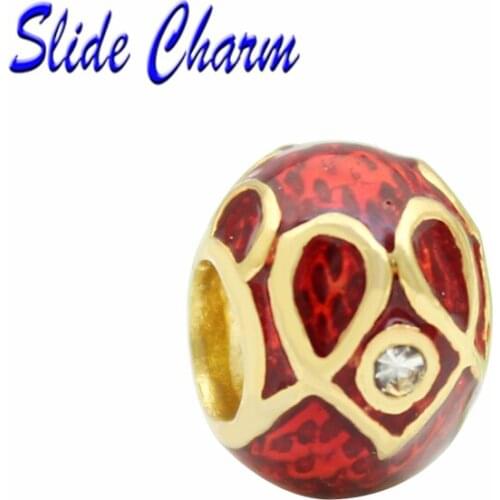 Easter gift, DIY hole, red enamel, white rhinestones, cylindrical Russian egg golden heart female personality charm