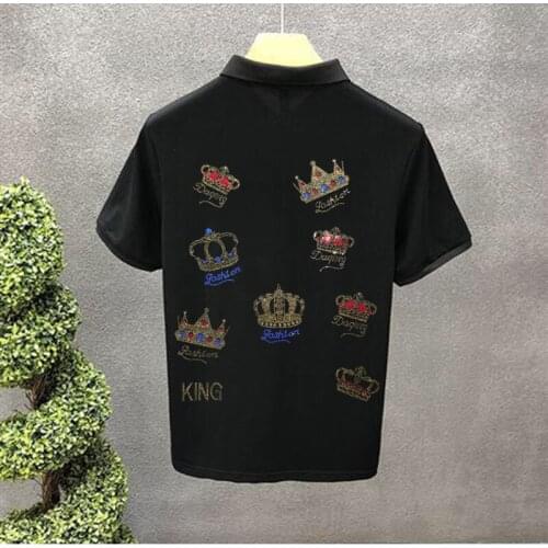 POLO Shirt Crown Mens Spring Black Lapel Design Youth Tops New Short-Sleeved Fashion Hot Diamond Rhinestone Suitable For Male