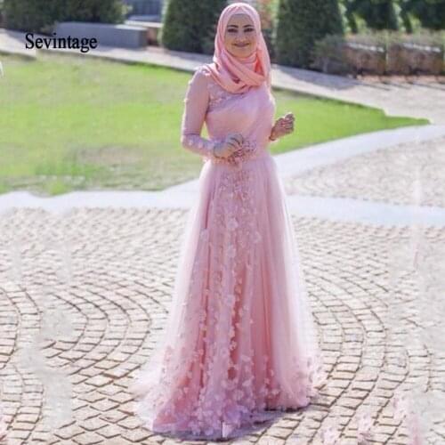 Sevintage A-Line Muslim Evening Dresses Long Sleeves High Neck Arabic Prom Dress Lace Appliques Party Gowns robe de soiree