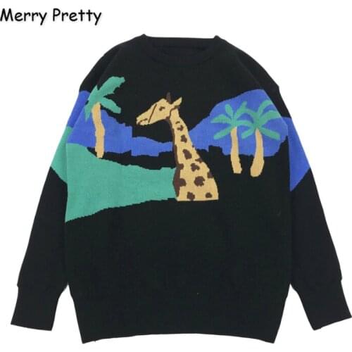 MERRY PRETTY Womens’ Cartoon Giraffe Embroidery Knitted Sweaters Winter Warm Long Sleeve O-Neck Harajuku Jacquard Knit Pullover
