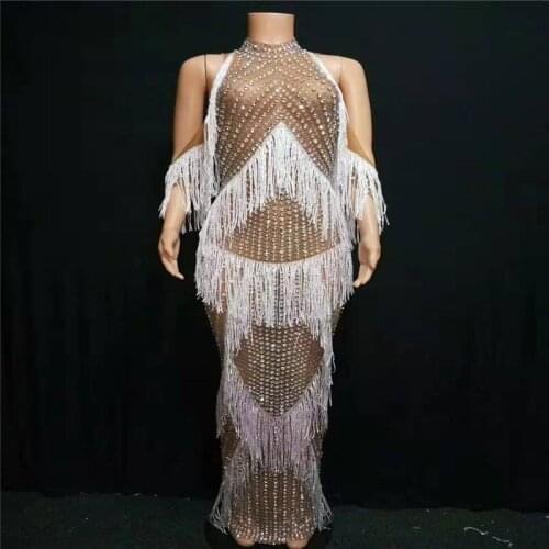 T33 Female rhinestone evening long dress singer dance stage costumes mesh crystal diamonds skirt tassel dress women outfit cloth