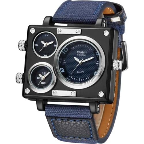 OULM Unique Fashion Canvas Men Watches Military Sports Design 3 Time Zones Rectangle Quartz Wrist Watches for Men Nylon Strap