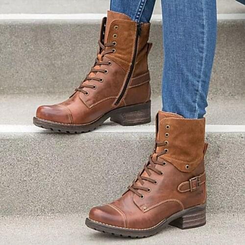 Womens Boots 2020 Autumn Winter Women Biker Boots PU Leather Outdoor Casual Shoes Round Toe Lace Up Low Heel Ankle Boots