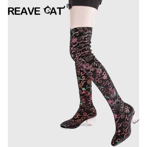 REAVE CAT Spring Autumn stretched sock boots flower print Long booties clear Heels overknee Women thigh high Boots Party Shoes