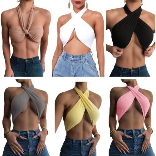 Women Summer Crop Tops，2021 New Style Fashion Solid Color Lacing Halter Neck Sleeveless Backless Tank Tops for Girls, 6 Colors