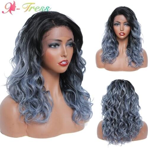 X-TRESS Short Wavy Bob Wig Ombre Brown Blonde Synthetic Lace Front Wigs for Women High Temperature Glueless Wavy Free Part Hair