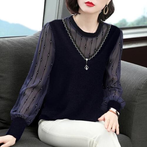 Plus Size Middle-aged Mother Bottoming Top Womens 2021 New Spring Lace Mesh Patchwork Long Sleeve O-neck Pullover T-Shirt Y756
