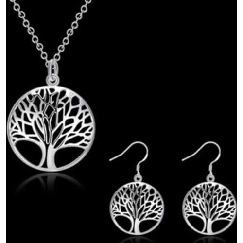 Silver Plated Women Ladies Tree Of Life Charm Necklace Pendant Earrings Wedding Jewelry Chain Necklaces