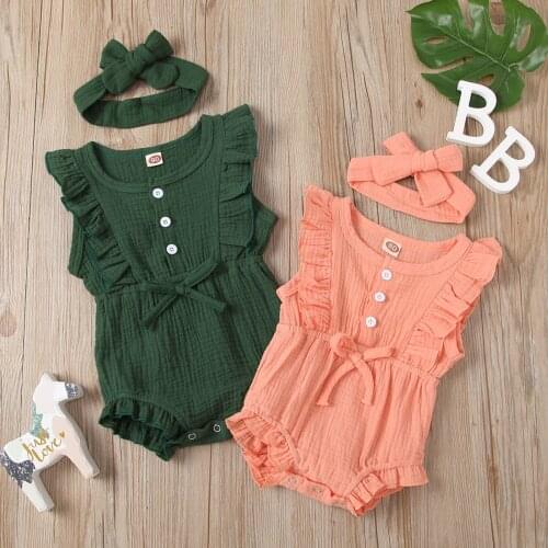 2021 Baby Kids Girls Sleeveless Ruffle Button Romper Jumpsuit+headband Set Fashion Cute Girl Baby Clothes Детская Одежда