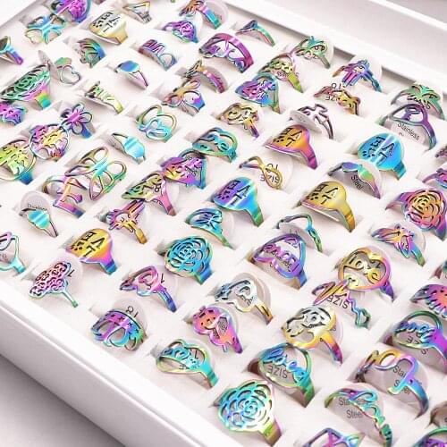 50Pcs/lot Mix Random Style Laser Cut Pattern Rainbow Color Stainless Steel Rings Women Party Ring