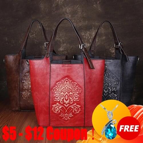 CGA Vintage Style Handbags For Women Designer Luxury Large Capacity Bucket Bag Genuine Cowhide Handmade Embossing Shoulder Bags