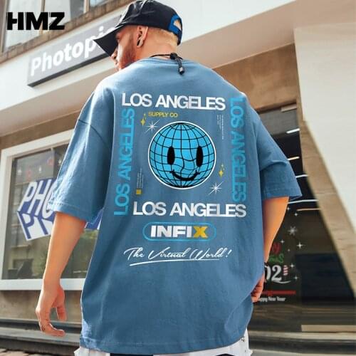 HMZ 2021 Hip Hop Tee Smile Print T Shirt Streetwear Men Cool Loose Japan Harajuku TShirt Summer New High Street Half Sleeve Tops