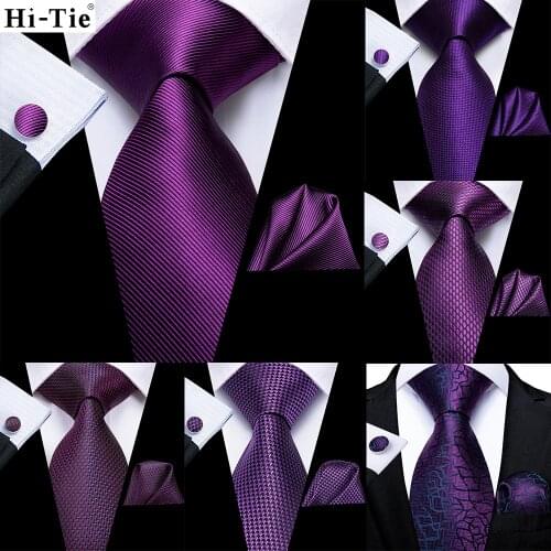Hi-Tie Purple Red Blue Solid Silk Wedding Tie For Men Hanky Cufflink Men Necktie Set Business Party Dropshipping Fashion Design