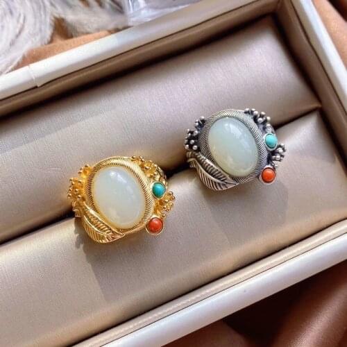 Natural Hetian Jade White Jade South Red Ring S925 Sterling Silver Gilding Retro Color Ring Court Oval Ring Ornament