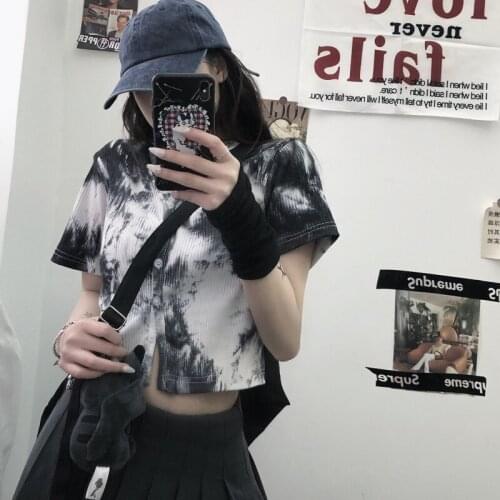Summer Korean of Harajuku style short vintage ink tie-dye Slim all-match short-sleeved t-shirt