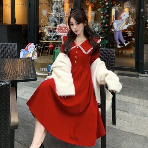 Korean Style Sweet Retro New Year Long-Sleeved Red Dress Womens Autumn and Winter Sailor Collar High Waist Slimming Midi Dress
