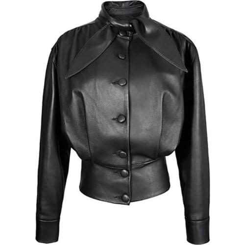 2020 Autumn short Faux Leather Jacket Winter Womens Black PU Leather Jacket Bow decoration leather Motorcycle Jacket woman
