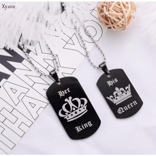 His and Her His Queen Her King Crown Lover Couple Dog Tag Necklace Gift