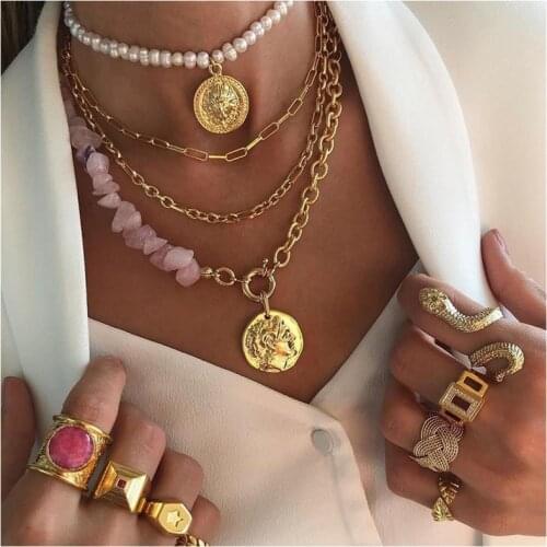 Baroque Irregular fresh natural pearl pink stone chokers chain necklace set jewelry for women coin 2021 Multilayer necklace
