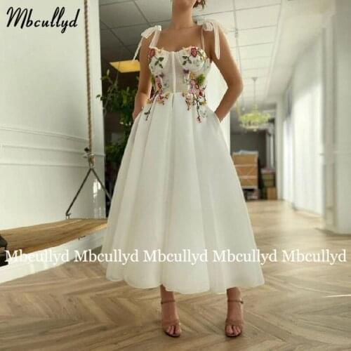 Simple Tea Length Prom Dresses Spaghetti Straps Tied Bow 3D Flowers Open Back A-Line Formal Party Gowns with Pockets 2021