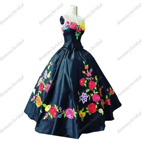Sexy Black Colorful Flower Embroidered Ball Gown Sweetheart Mexican Quinceanera Dresses Charro XV Sweet 15 16 Women Girl Prom
