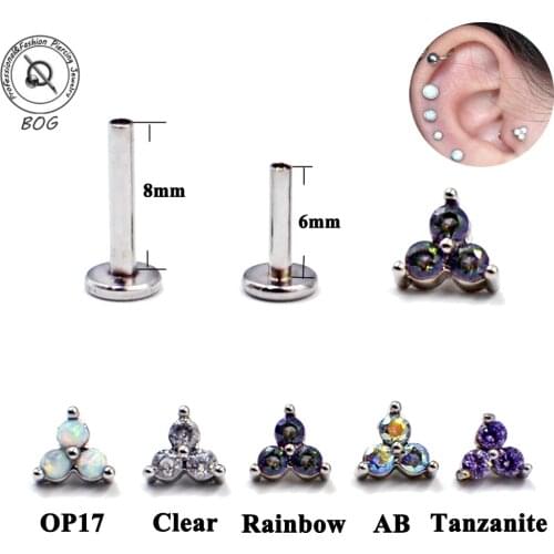 Titanium&Surgical Steel Menage A Trois Internal Threaded Opal Zircon Labret Stud Ear Tragus Cartilage Earring Piercing Jewelry