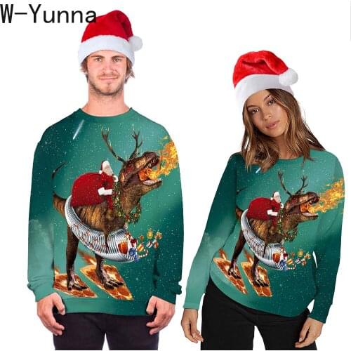 W-Yunna Christmas Santa Dinosaur Reindeer Print O-neck Fashion Loose Leisure Streetwear Couplewear Sweatshirts Sudadera Mujer