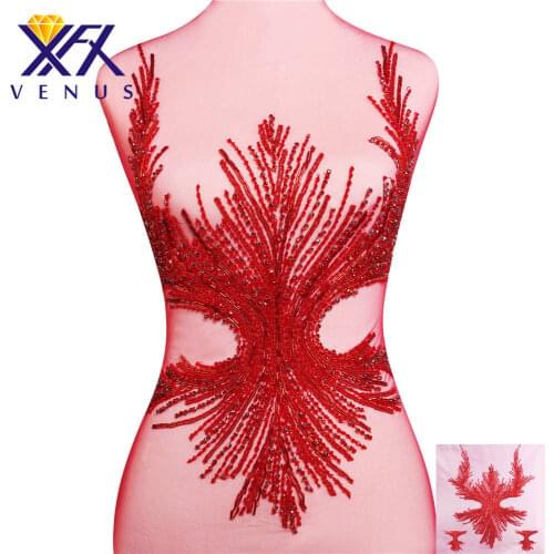 XINFANGXIU Handmade beads patches Rhinestone Crystal Trim Bridal Applique Design Patch Sewing for Wedding Dress DIY Decoration