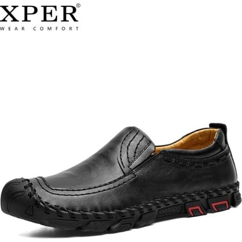 XPER Brand Split Leather Casual Shoes Men Loafers Comfortable Anti-slip Flat Handmade Black Footwear Sewing Fashion Yellow#XP056