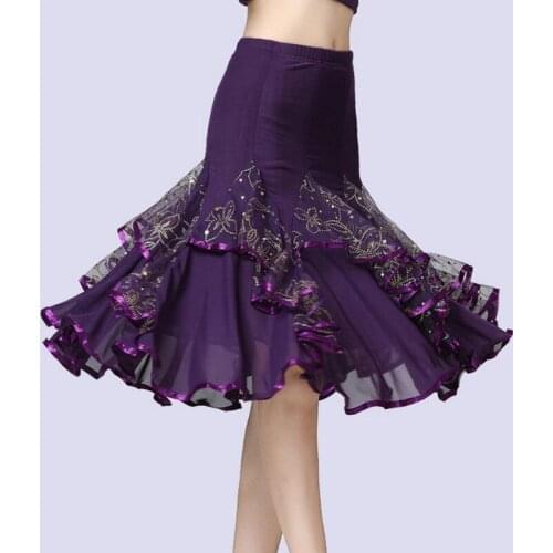 2021 Spring Summer New Womens Modern Dance Skirt Sequins Ruffled Tango Ballroom Waltz Dancing Party Knee-length Skirts Y628