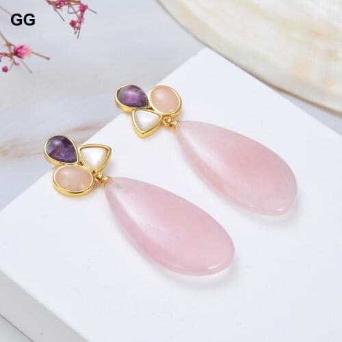 GuaiGuai Jewelry Natural Pink Rose Quartz Amethyst White Shell Dangle Stud Earrings