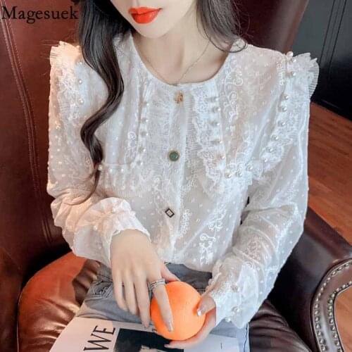 Elegant Big Lapel Blouse with Lace Flower Womens Blouse 2021 Fashion Beading White Womens Long Sleeve Top Chiffon Shirts 16332