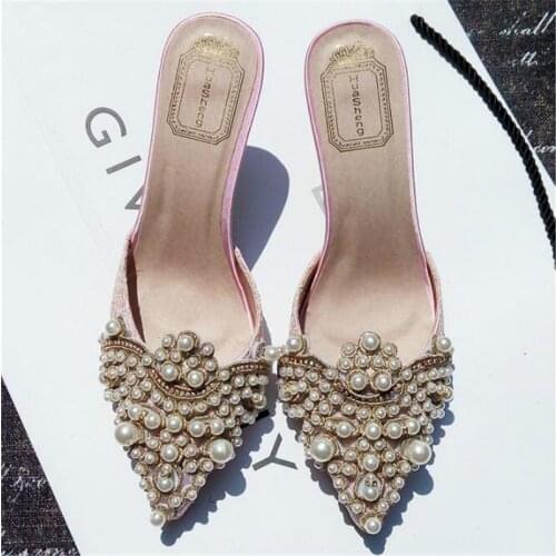 Dropshipping New Brand 2019 Summer Shoes Women Sweet Elegant Pearl Beaded High-heeled Shoes Thin Heels Pointed Toe Women Sandals