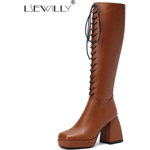 Lsewilly 2021 Black White Brown Women Knee High Boots Platform Thick High Heel Ladies Lace Up Boots Square Toe Womens Boots