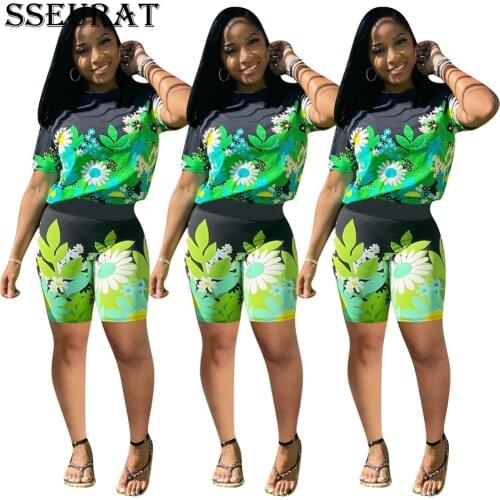 SSEURAT Women Set Print Short Sleeve Loose T-shirt Sheath Elastic Short Two Piece Sets Sweatsuit Outfit 2021