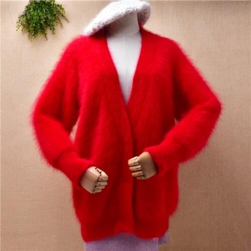 Female women christmas red winter mink cashmere knitted v-neck long batwing sleeves loose cardigan agora fur jacket coat sweater