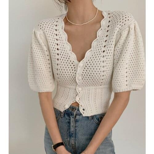 Harajuku Women Summer Casual Sweater Tops Korea Style Crochet Puff Sleeve V Neck Cardigan Button Hollow Out V Neck Slim Knitwear