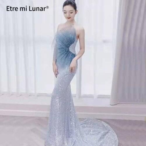 2021 Sexy Blue Off Shoulder Sleeveless Sequin Evening Dresses Mermaid Elegant Evening Gown L4242
