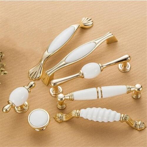 1Pc European-style Ceramic Zinc Alloy Cabinet Door Handle Golden Ceramic Drawer Single Hole Knob Handles Wood Furniture Pulls