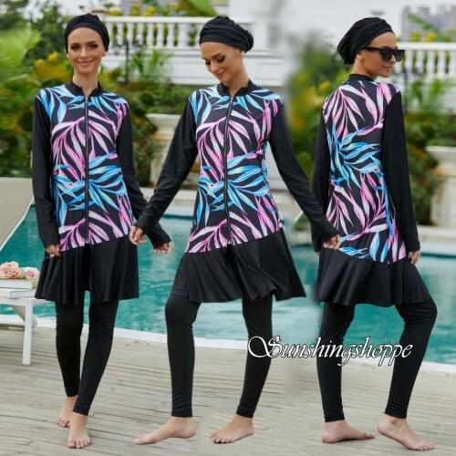 3 Pieces Suit for Women Full Cover Muslim Swimwear Modesty Hijab Open Front Zipper Tops and Pant Islamic Burkinis Bathing Suit