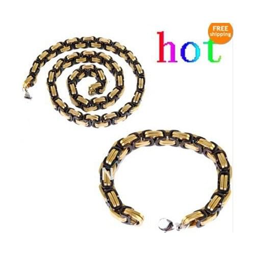 9.5mm great mens jewelry set Stainless Steel black&gold byzantine chain 55cm necklace&22cm bracelet,cool father birthday gifts