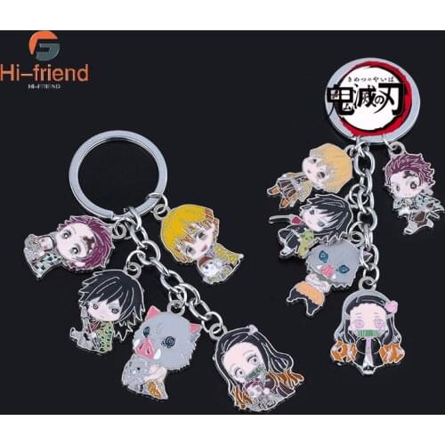 Demon Slayer Anime Keychains Kamado Nezuko Hashibira Inosuke Enameled Metal Key Ring Cosplay Props Jewelry