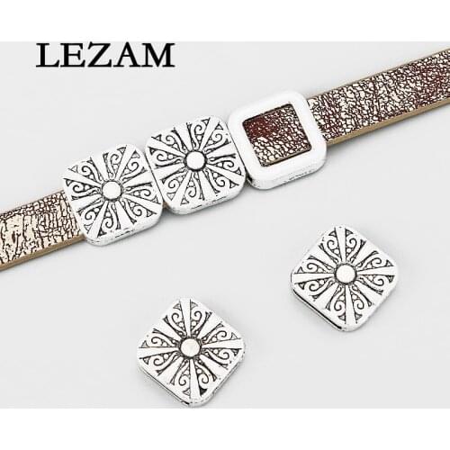 10pcs Charms Slider Beads Spacer Tibetan Embossed Flower Pattern Spacer For 10*2mm Flat Leather Cord Jewelry Findings