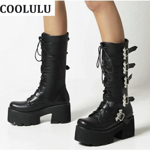 COOLULU Gothic Knee High Boots Womens Platform Heels Tall Boots Fashion Githic Shoes Buckle Patent Leather Motorcycle Boots