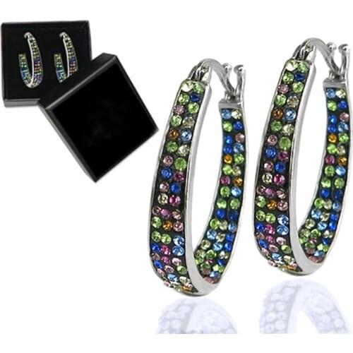 Elegant Round Zircon Wedding Earrings Luxury Female Rainbow Crystal Earrings Charm Silver Color Big Hoop Earrings For Women Gift