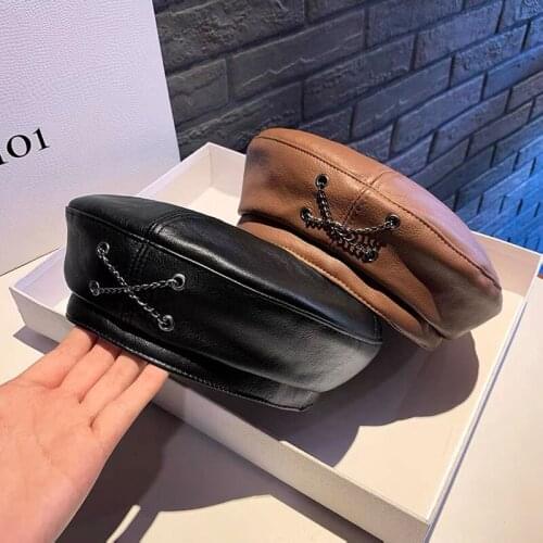 European American Street Fashion PU Leather Berets Beret For Women Retro Chain Painter Hat Autumn Winter Pumpkin Octagonal Hat